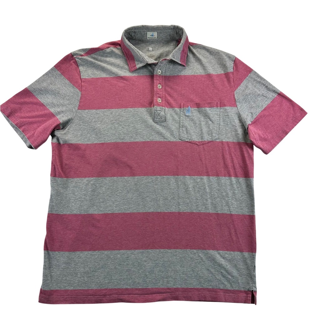 Johnnie-O Hangin Out Mens Large Polo Shirt Grey Pink Striped Short Sleeve Pocket